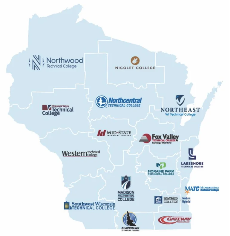 Map of Wisconsin's 16 technical college districts