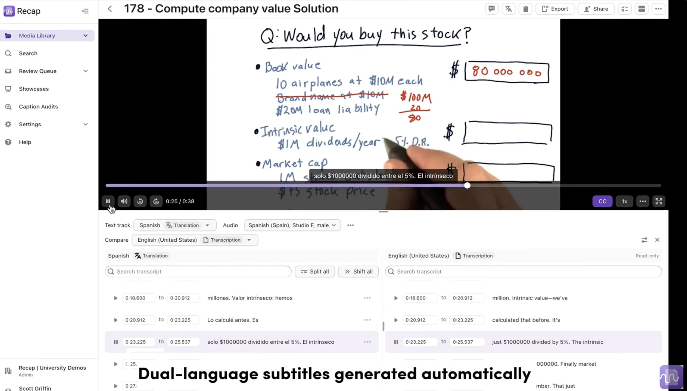 Side-by-side dual language transcript viewer showing original and translated text simultaneously