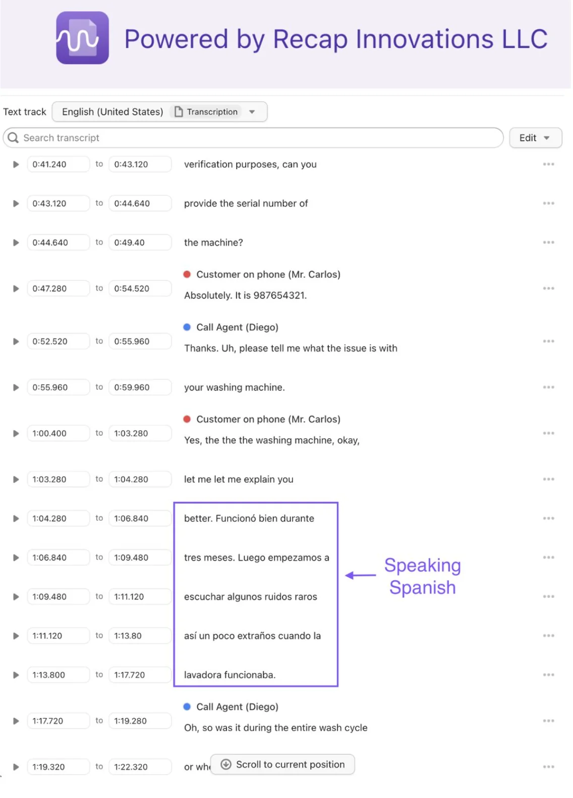 Single-file dual language transcription showing English and Spanish segments accurately transcribed in a single caption file