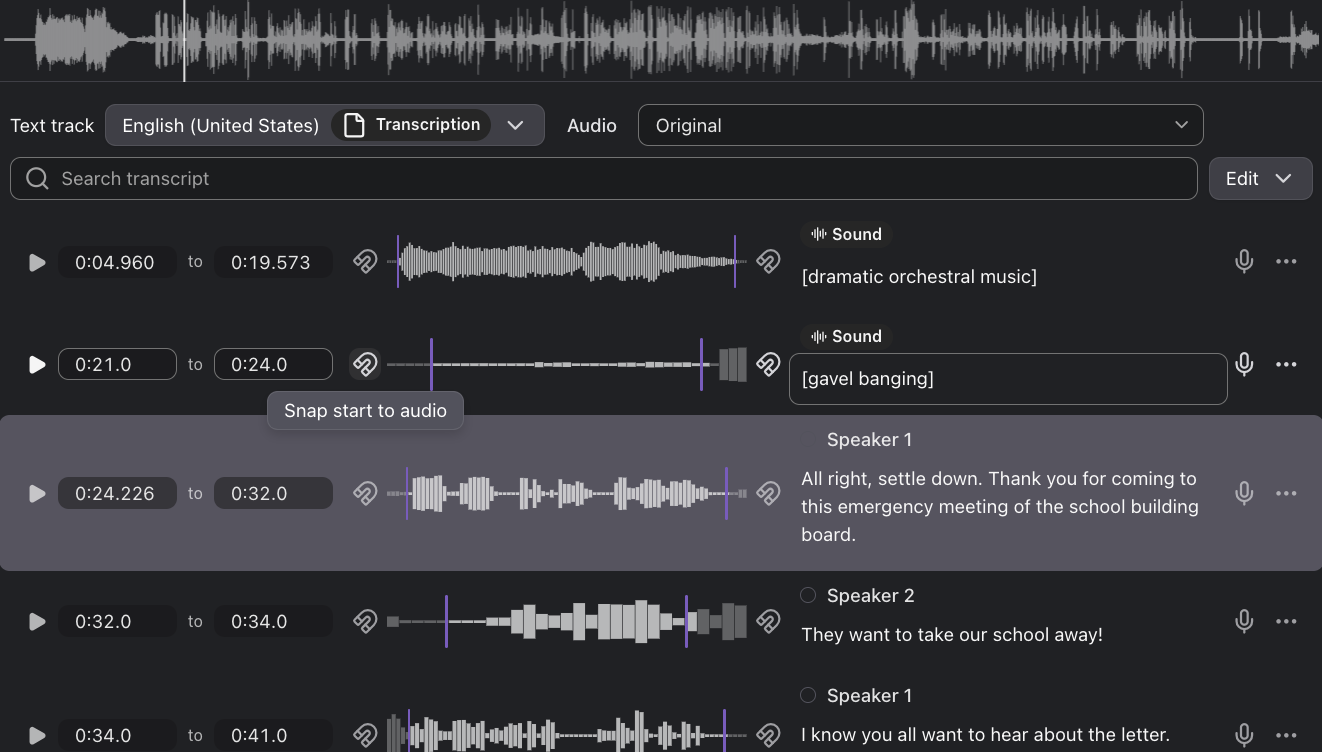 Per-cue waveform editor showing five caption cues with inline audio waveforms, purple start and end handles on each cue, and snap-to-audio magnet buttons on either side