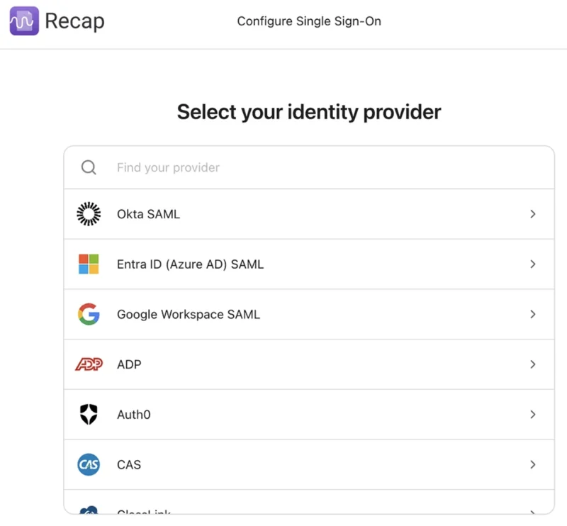 List of supported SSO identity providers including Okta SAML, Entra ID (Azure AD) SAML, Google Workspace SAML, ADP, Auth0, CAS, and more