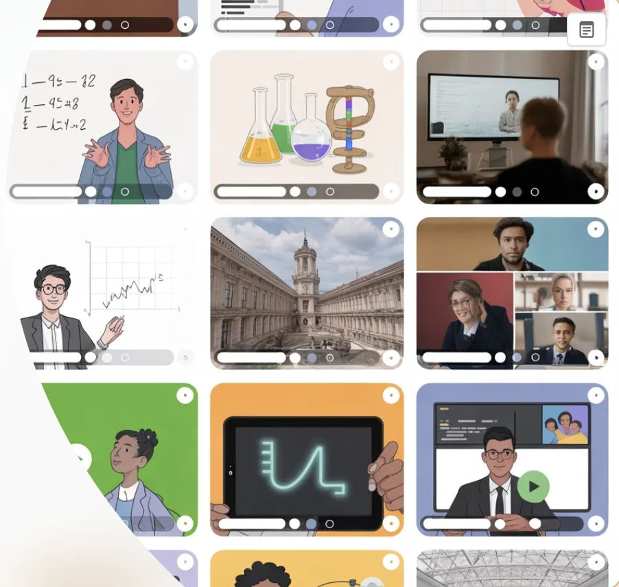 A collage of video thumbnails showing different educational video formats including lectures, screencasts, lab demonstrations, whiteboard sessions, animated explainers, and more